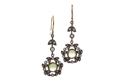 Lot 393 - A PAIR OF PERIDOT, DIAMOND AND SEED PEARL EARRINGS