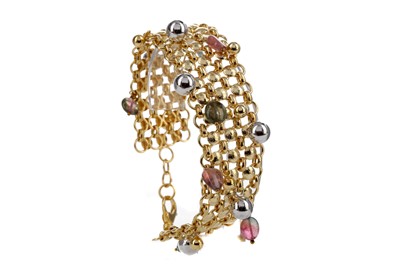Lot 1328 - A GOLD BRACELET WITH SUSPENDED GEMS