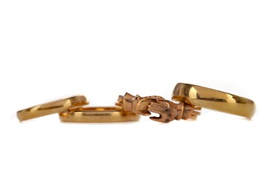 Lot 1367 - THREE GOLD WEDDING BANDS AND A POSY RING