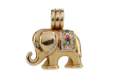 Lot 1383 - A DIAMOND AND GEM SET ELEPHANT PENDANT