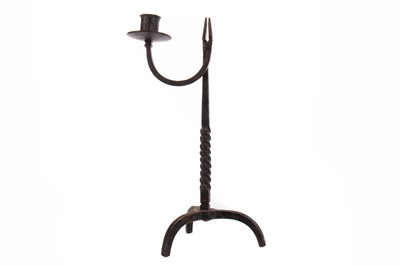 Lot 785 - A LATE 18TH/EARLY 19TH CENTURY CAST IRON RUSH NIP AND CANDLESTICK