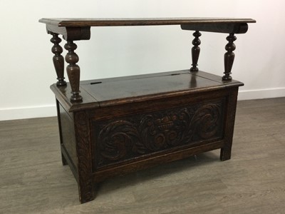 Lot 754 - AN EARLY 20TH CENTURY OAK MONKS BENCH