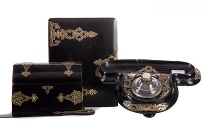 Lot 803 - A VICTORIAN BLACK LACQUERED DESK SET