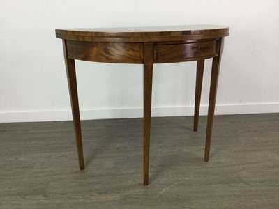 Lot 765 - A GEORGE III MAHOGANY DEMI LUNE CARD TABLE