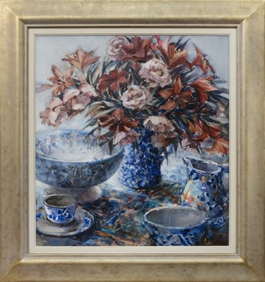 Lot 2 - PATTERNS OF BLUE, AN OIL BY ETHEL WALKER