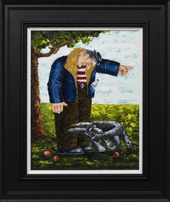 Lot 53 - A MAN WITH A DISOBEDIENT SCHNAUZER, AN OIL BY ELENA KOURENKOVA