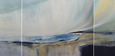 Lot 201 - EBBING TIDE, GULLANE BAY, A MIXED MEDIA TRIPTYCH BY SARAH CARRINGTON
