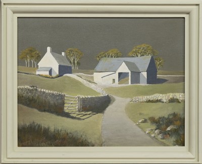 Lot 129 - HILL FARM, AN ACRYLIC BY FRED BUNGAY