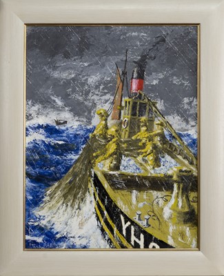 Lot 79 - TRAWLER, AN OIL BY IAIN LOGIE RAE