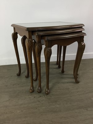 Lot 85 - A MAHOGANY NEST OF TABLES, A CHAIR AND A DRESSING STOOL