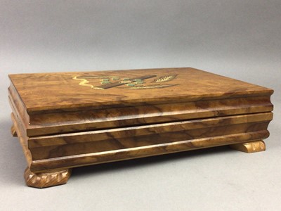 Lot 135 - A MUSIC CIGAR BOX, GLASS DISPLAY CASE AND GLASS VASE
