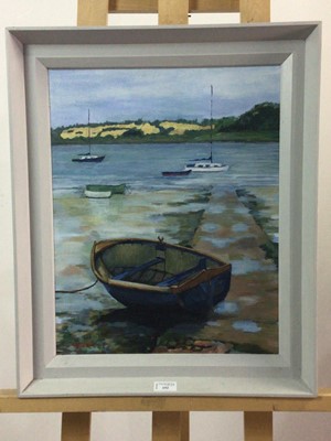 Lot 152 - SHORE SCENE WITH BOATS, OIL ON CANVAS