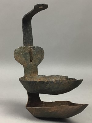Lot 162 - AN ANTIQUE BETTY LAMP AND OTHERS