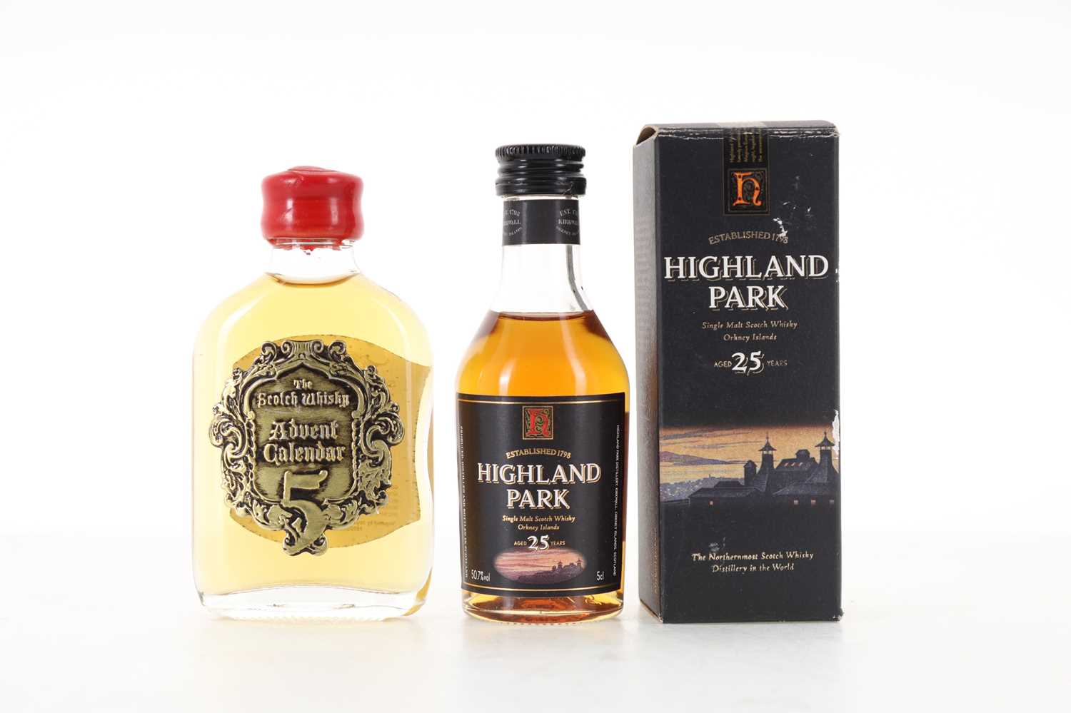 Lot 132 - GLEN GRANT 1988 30 YEAR OLD A.D. RATTRAY MINIATURE AND HIGHLAND PARK 25 YEAR OLD MINIATURE