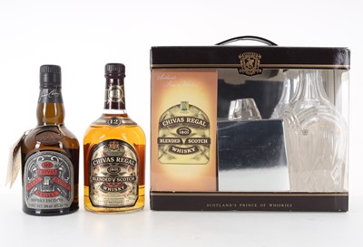 Lot 150 - CHIVAS REGAL 12 YEAR OLD STAFF DECANTER SET 75CL AND COMMEMORATIVE BOTTLE 50CL