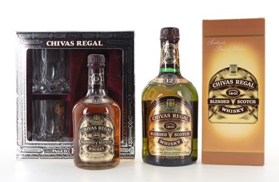 Lot 160 - CHIVAS REGAL 12 YEAR OLD STAFF BOTTLE AND HALF BOTTLE GIFT PACK WITH GLASSESE