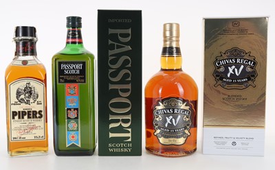 Lot 162 - CHIVAS REGAL 15 YEAR OLD 1L, HUNDRED PIPERS 1970S 26 2/3 FL OZ AND PASSPORT SCOTCH 75CL