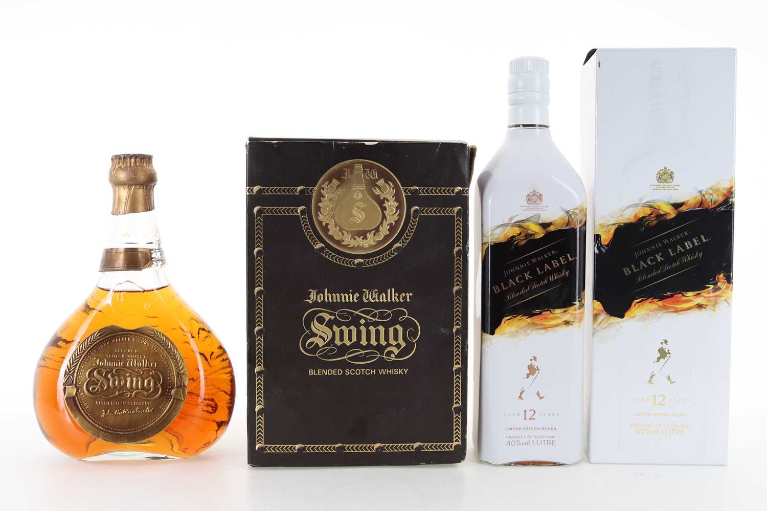 Lot 365 - JOHNNIE WALKER SWING 1960S, AND 12 YEAR OLD BLACK LABEL MATTIA BIAGI EDITION 1L