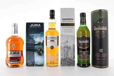 Lot 402 - GLENFIDDICH 12 YEAR OLD, GLEN SCOTIA CAMPBELTOWN HARBOUR AND JURA SUPERSTITION